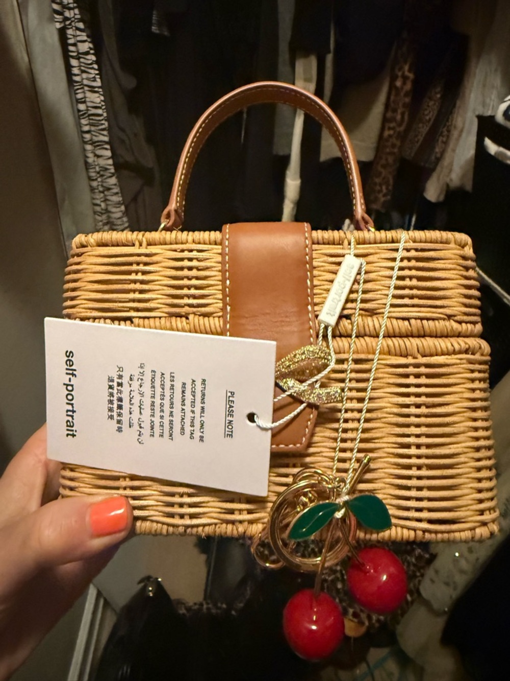 Self-Portrait Tan Rattan Top-Handle Bag with Red Cherry Charm - Picture 10 of 10